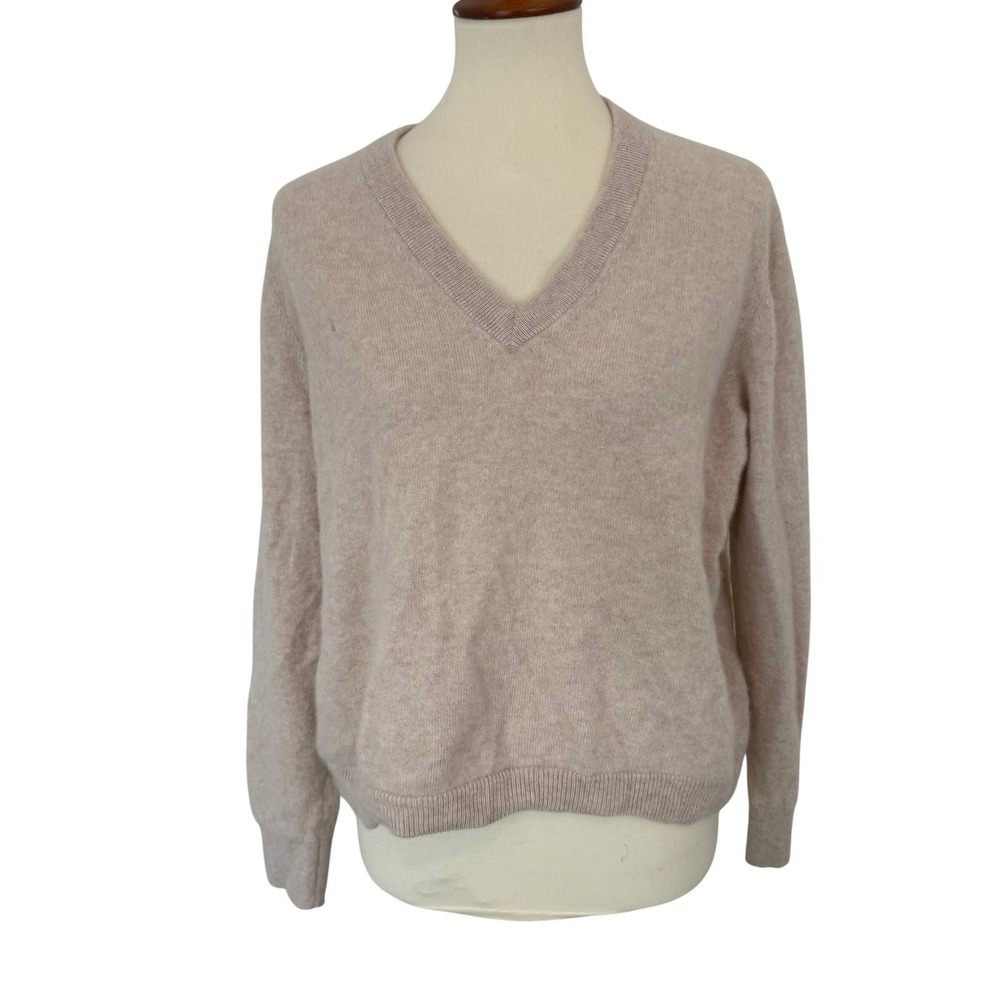 Jenni Kayne Womens XL V-Neck 100% Cashmere Sweater Beige Relaxed Knit Pullover‎